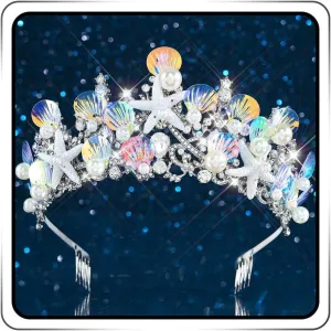 JEAIRTS Starfish Bride Wedding Tiaras and Crowns Silver Sparkly Rhinestone Pearl Headpiece Shell Bridal Hair Accessories for Women
