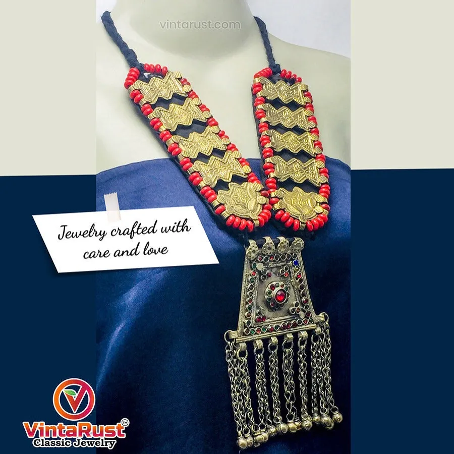 Long Red Beaded Vintage Pendant Necklace