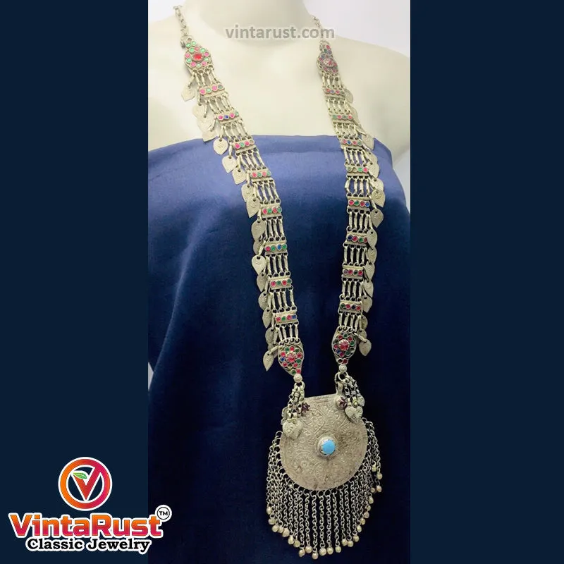 Mala Style Long Chain Massive Pendant Necklace