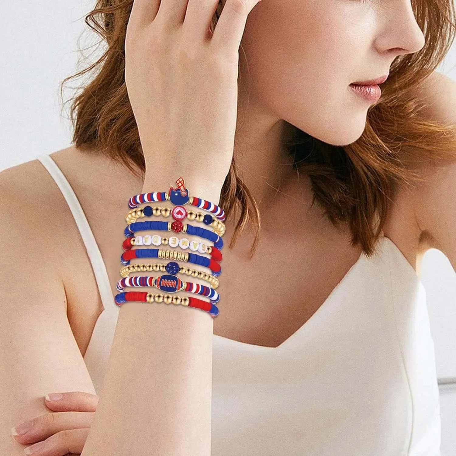 Matching Bracelets for Couples Game Day Bracelets for Women Football Bracelets Red Black Blue Clay Beaded Stretch Bracelets Stackable Sports Football Charm Bracelet Bangles Accessories Outfits Jewelry