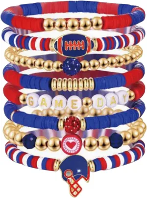 Matching Bracelets for Couples Game Day Bracelets for Women Football Bracelets Red Black Blue Clay Beaded Stretch Bracelets Stackable Sports Football Charm Bracelet Bangles Accessories Outfits Jewelry