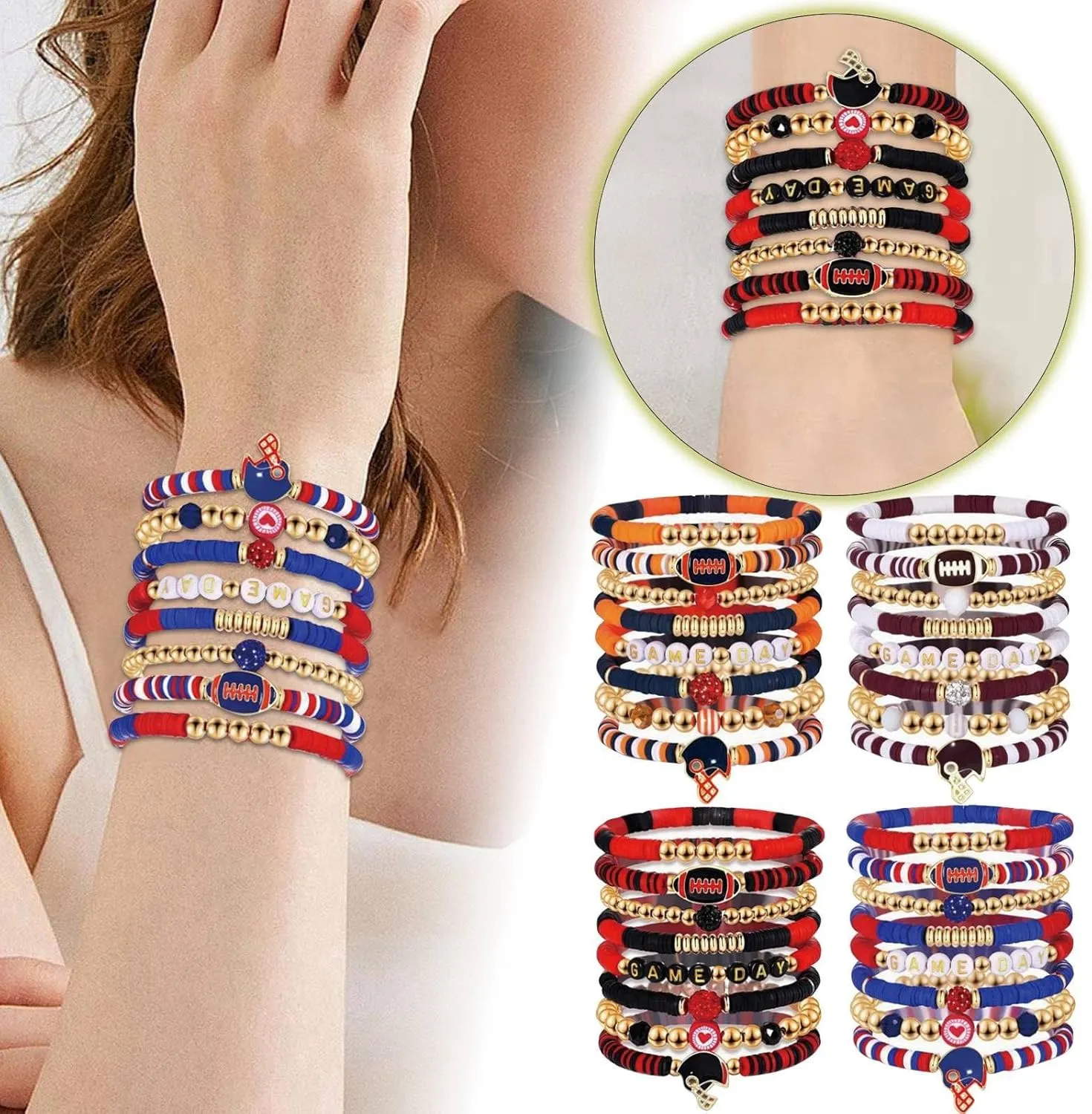 Matching Bracelets for Couples Game Day Bracelets for Women Football Bracelets Red Black Blue Clay Beaded Stretch Bracelets Stackable Sports Football Charm Bracelet Bangles Accessories Outfits Jewelry