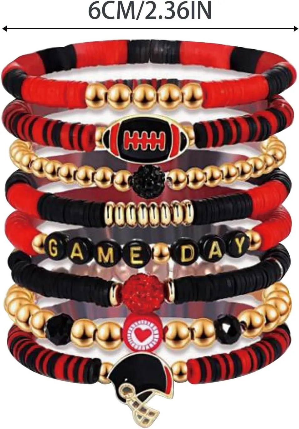 Matching Bracelets for Couples Game Day Bracelets for Women Football Bracelets Red Black Blue Clay Beaded Stretch Bracelets Stackable Sports Football Charm Bracelet Bangles Accessories Outfits Jewelry