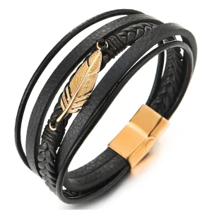 Mens Women Rose Gold Stainless Steel Feather Multi-Strand Black Braided Leather Bangle Bracelet