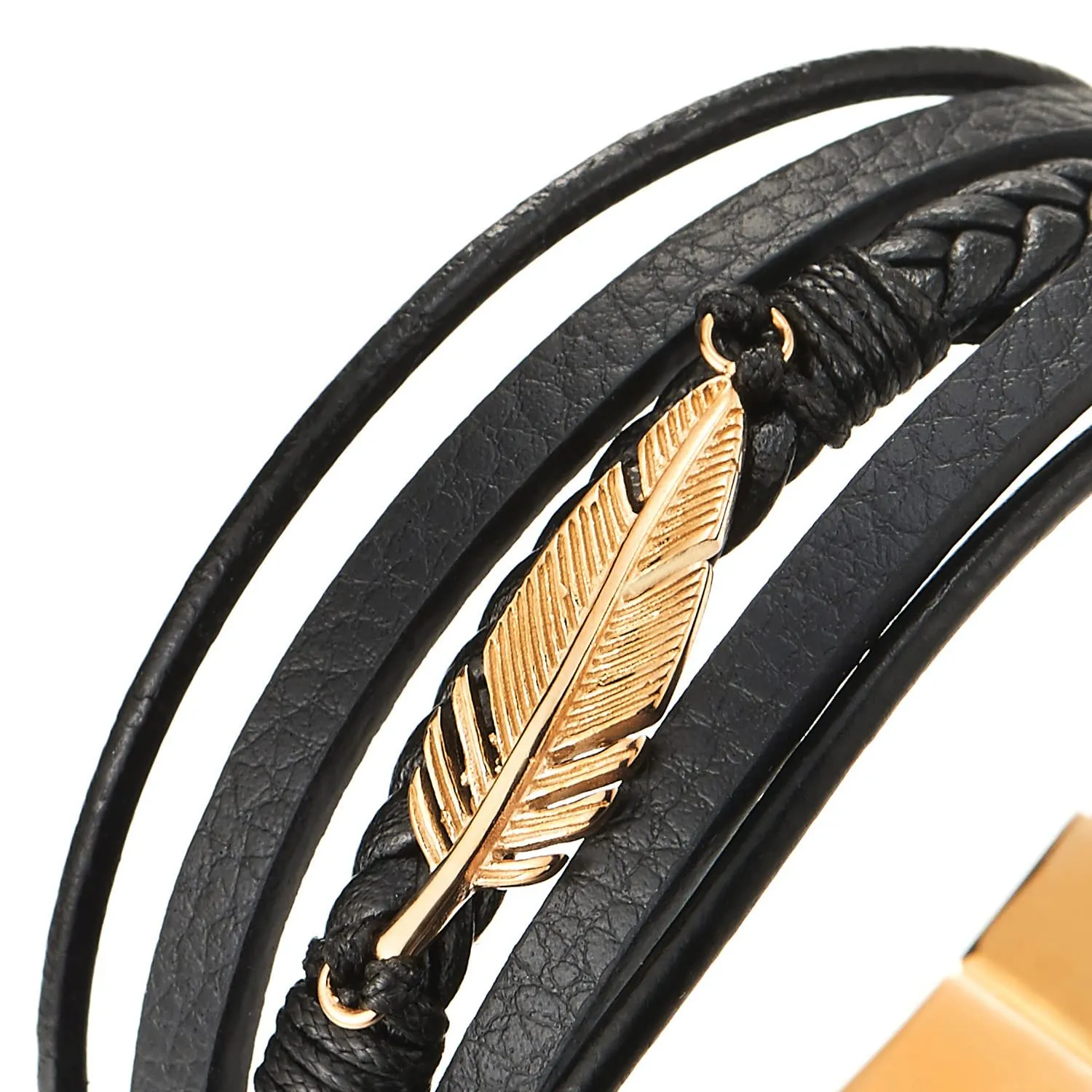 Mens Women Rose Gold Stainless Steel Feather Multi-Strand Black Braided Leather Bangle Bracelet