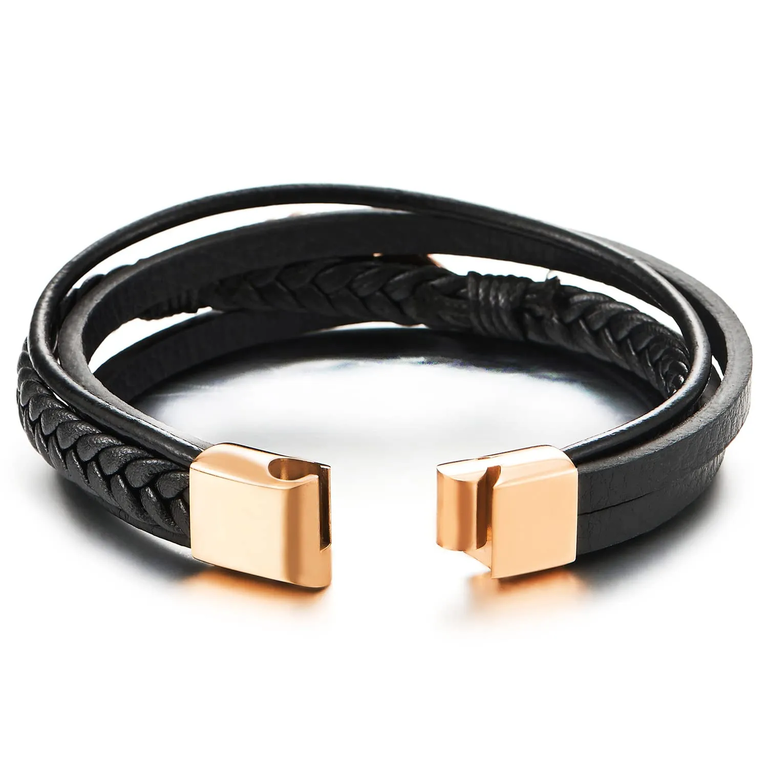 Mens Women Rose Gold Stainless Steel Feather Multi-Strand Black Braided Leather Bangle Bracelet
