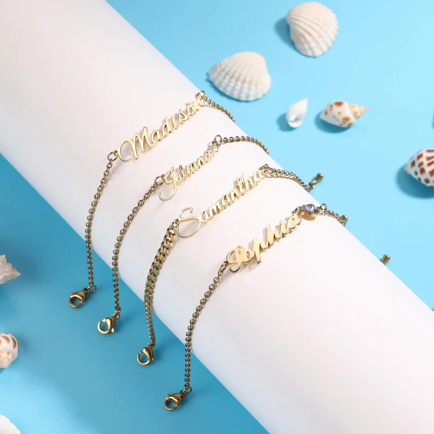 MMXX Personalized Name Bracelet or Anklet for Women Custom Gold/Silver/Rose Gold Nameplate Bracelets with Birthstone Gift for Mother Girlfriend Daughter