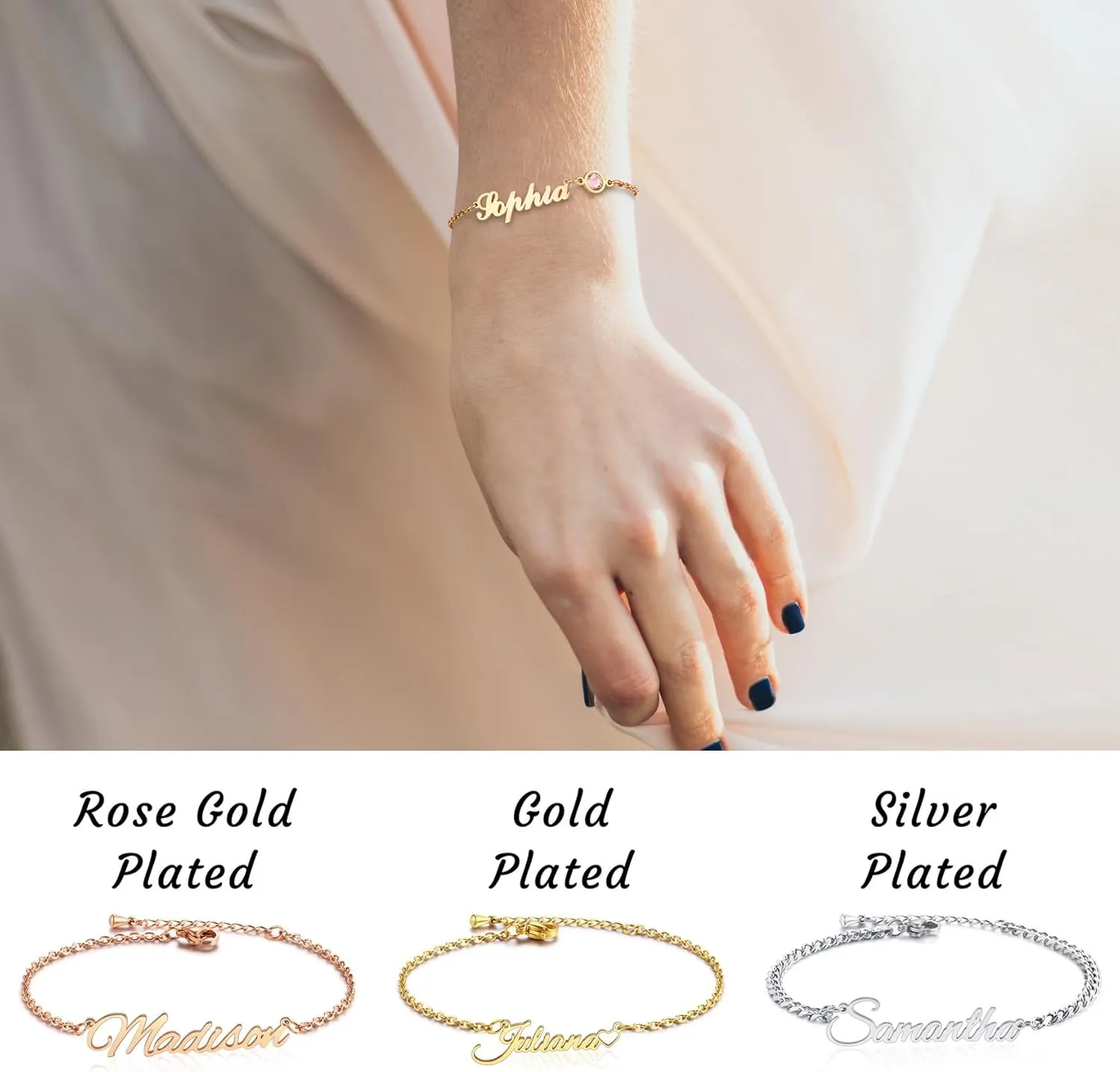 MMXX Personalized Name Bracelet or Anklet for Women Custom Gold/Silver/Rose Gold Nameplate Bracelets with Birthstone Gift for Mother Girlfriend Daughter