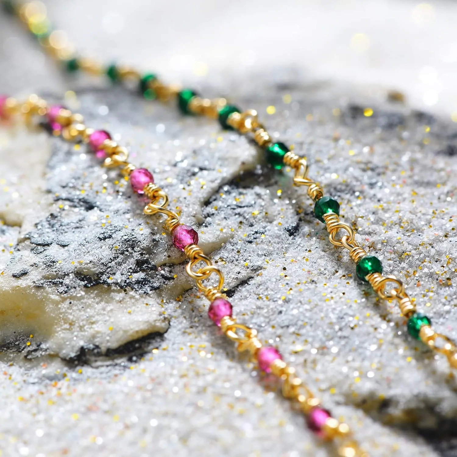 MTMY Gold Plated Anklets for Women - 14K Gold, Green Rose Colorful Cubic Zirconia Tassel Foot Chain Dainty Cute Adjustable Summer Beach Boho Anklets