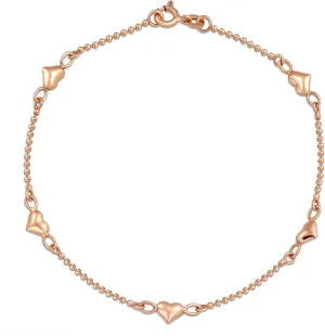 Multi Flat Puff Station Dangle Hearts Charm Anklet Ankle Bracelet For Women Teen Beaded Ball Figaro Chain Rose 14K Yellow Gold Vermeil .925 Sterling Silver 9, 10 Inch Flexible