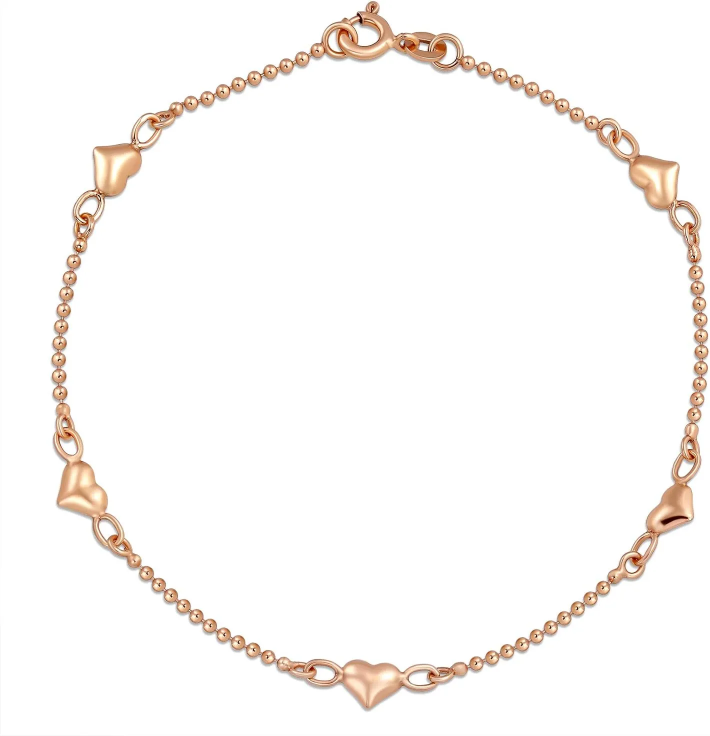 Multi Flat Puff Station Dangle Hearts Charm Anklet Ankle Bracelet For Women Teen Beaded Ball Figaro Chain Rose 14K Yellow Gold Vermeil .925 Sterling Silver 9, 10 Inch Flexible