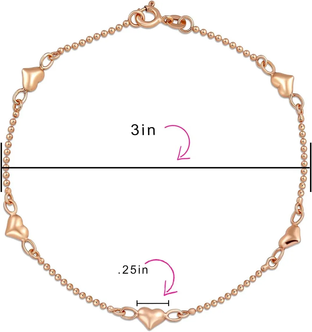 Multi Flat Puff Station Dangle Hearts Charm Anklet Ankle Bracelet For Women Teen Beaded Ball Figaro Chain Rose 14K Yellow Gold Vermeil .925 Sterling Silver 9, 10 Inch Flexible