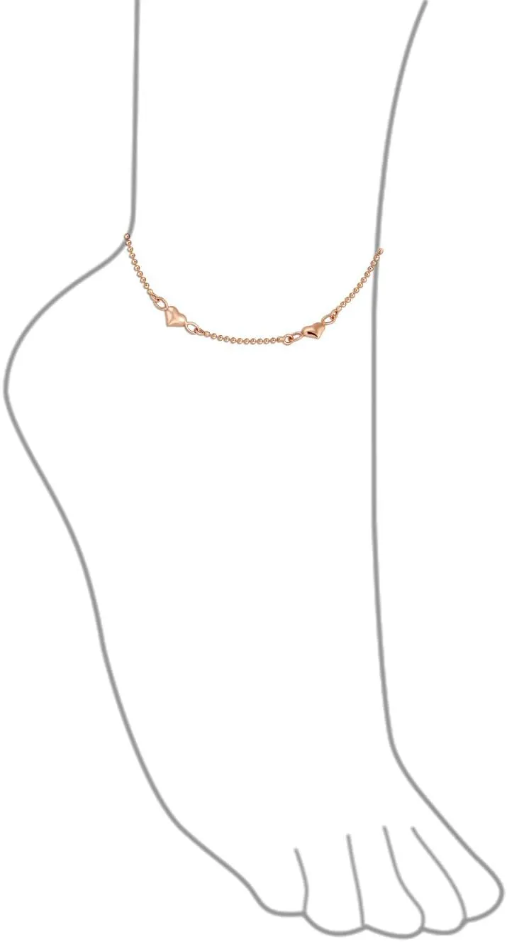 Multi Flat Puff Station Dangle Hearts Charm Anklet Ankle Bracelet For Women Teen Beaded Ball Figaro Chain Rose 14K Yellow Gold Vermeil .925 Sterling Silver 9, 10 Inch Flexible