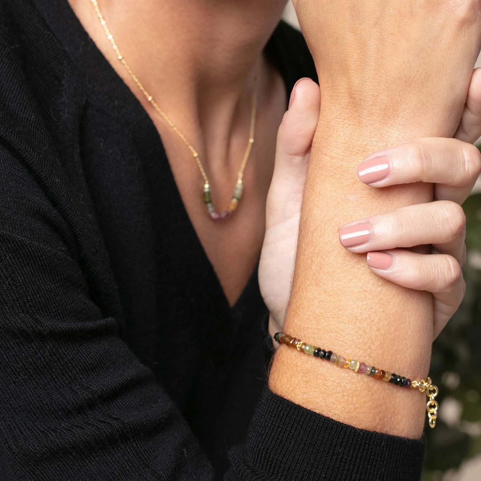 Multi-Tourmaline Bead Layer Bracelet Gold Bracelet