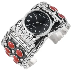 Native American Mens Coral Silver Watch Cuff Sterling Big Boy Bracelet 1130