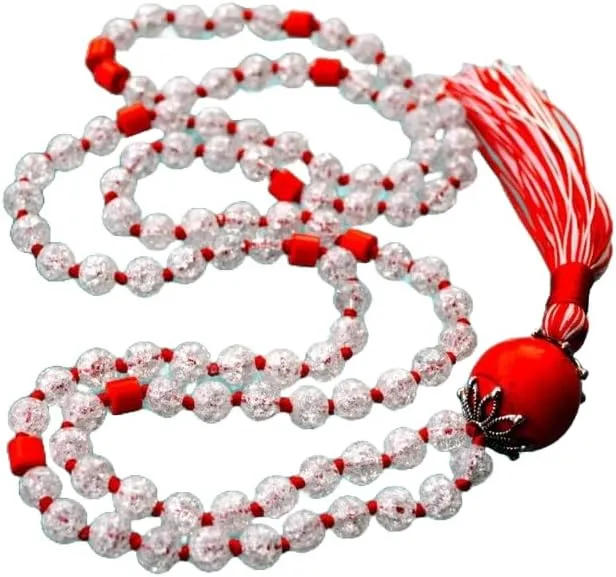 Natural Crystal Quartz, Red Coral & Red Jasper 4x3mm-8mm,14mm 108 Mala Beads, Spiritual, Meditation Beads, Reiki, Japa Mala, Buddhist Prayer Beads, Yoga Bracelet, healing beads LKMALA-RRGU-1838