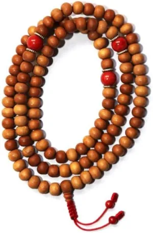 Natural Sandalwood , coral 8mm 108 Mala Beads, Spiritual, Meditation Beads, Reiki, Japa Mala, Buddhist Prayer Beads, Yoga Bracelet, healing beads LKMALA-RRGU-722, 34 inch
