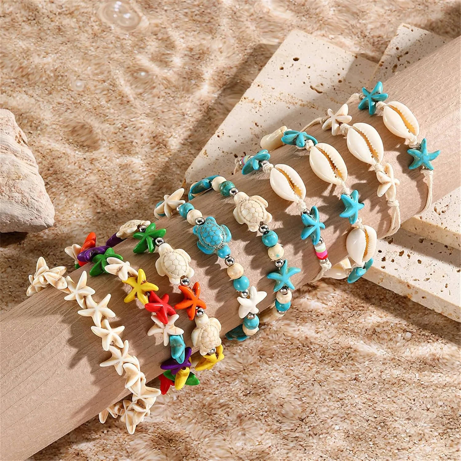 Natural Seashell Bracelet for Women Handmade Braided Bohemian Turquoise Turtle Tortoise Starfish Beads Bracelet Adjustable Summer Surfer Beach Friendship Jewelry