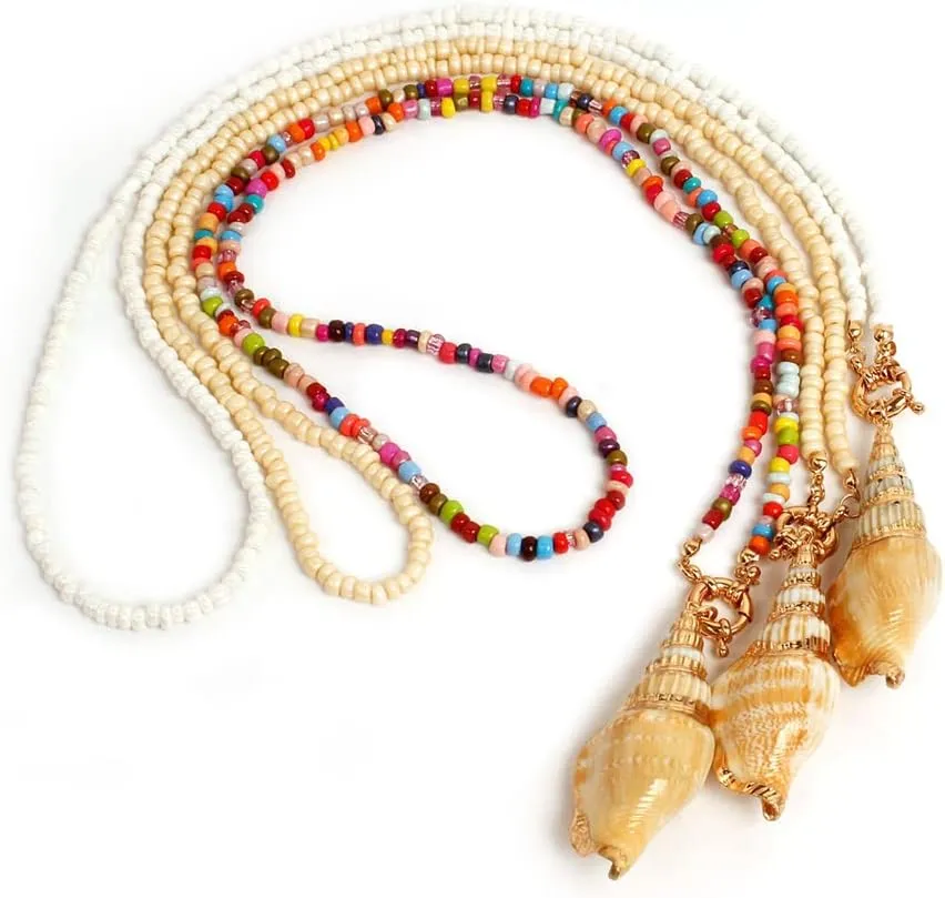 Natural Seashell Shell Scallop Conch Pendant Necklace Boho Braided Rattan Shell Pendant 18K Real Gold Plated Handmade Wovening Jewelry Beach Ocean Jewelry Gift for Halloween Costume Women Girls