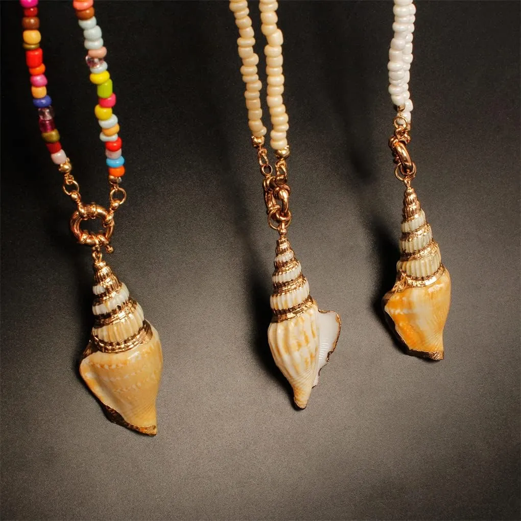 Natural Seashell Shell Scallop Conch Pendant Necklace Boho Braided Rattan Shell Pendant 18K Real Gold Plated Handmade Wovening Jewelry Beach Ocean Jewelry Gift for Halloween Costume Women Girls