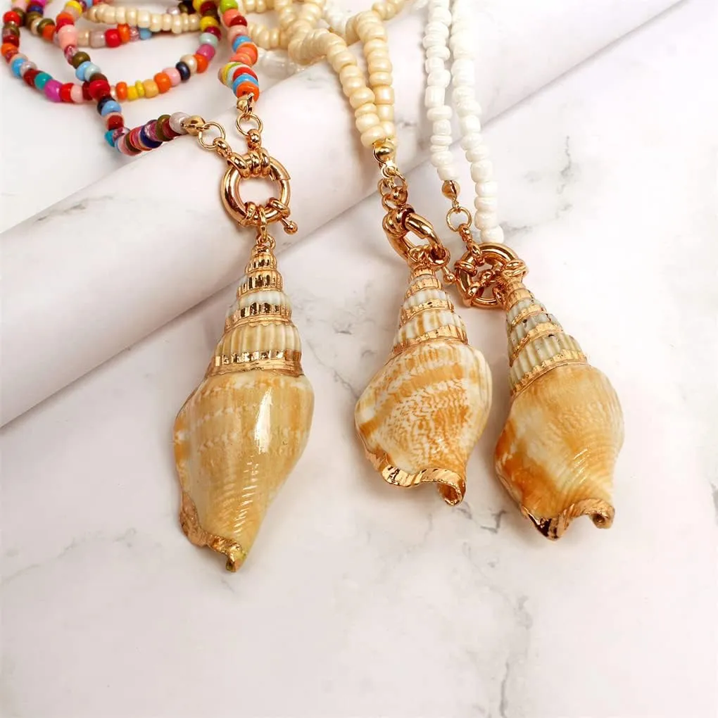Natural Seashell Shell Scallop Conch Pendant Necklace Boho Braided Rattan Shell Pendant 18K Real Gold Plated Handmade Wovening Jewelry Beach Ocean Jewelry Gift for Halloween Costume Women Girls