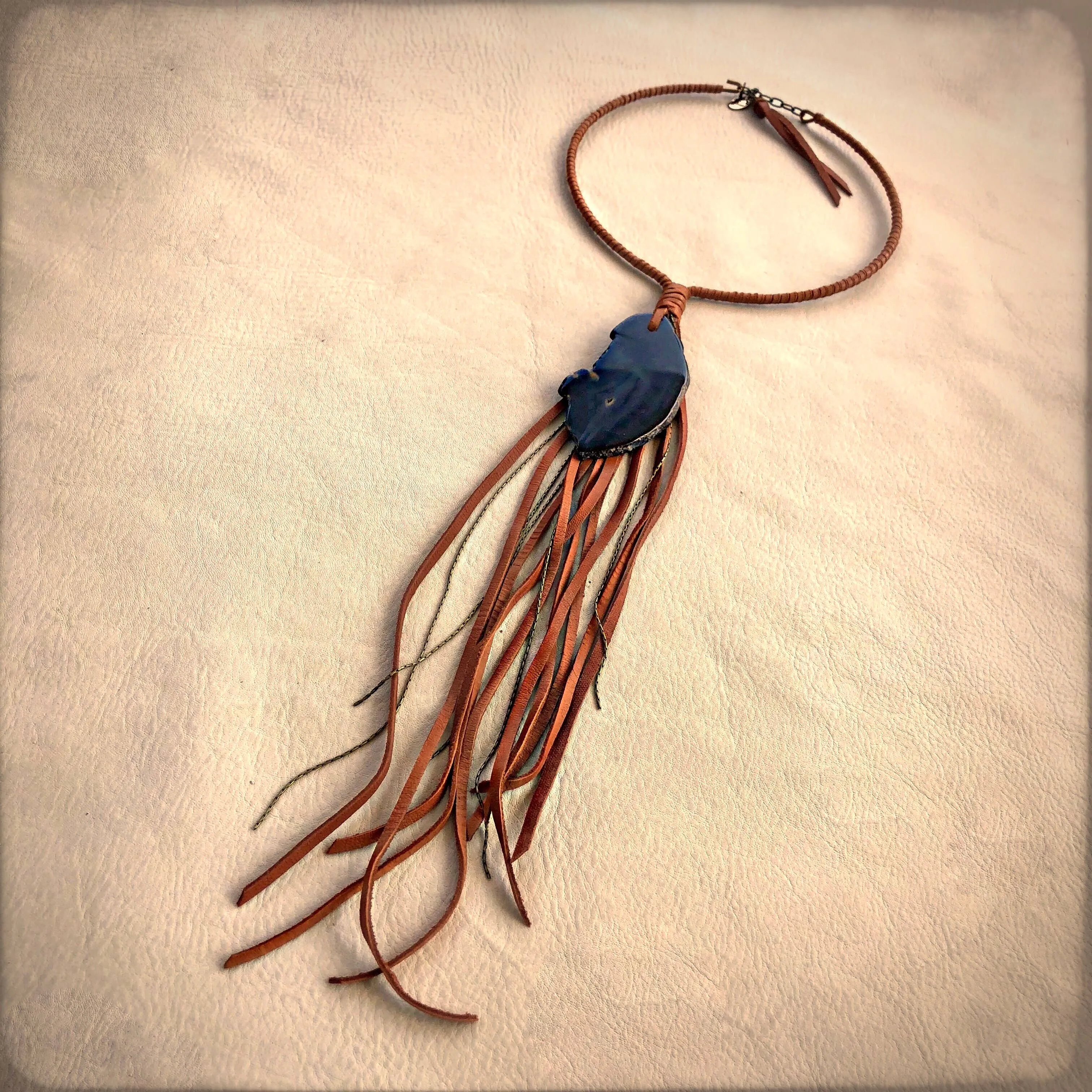 Necklace, Collar with Rust Deerskin Tassel & Black Agate Stone - Sale!