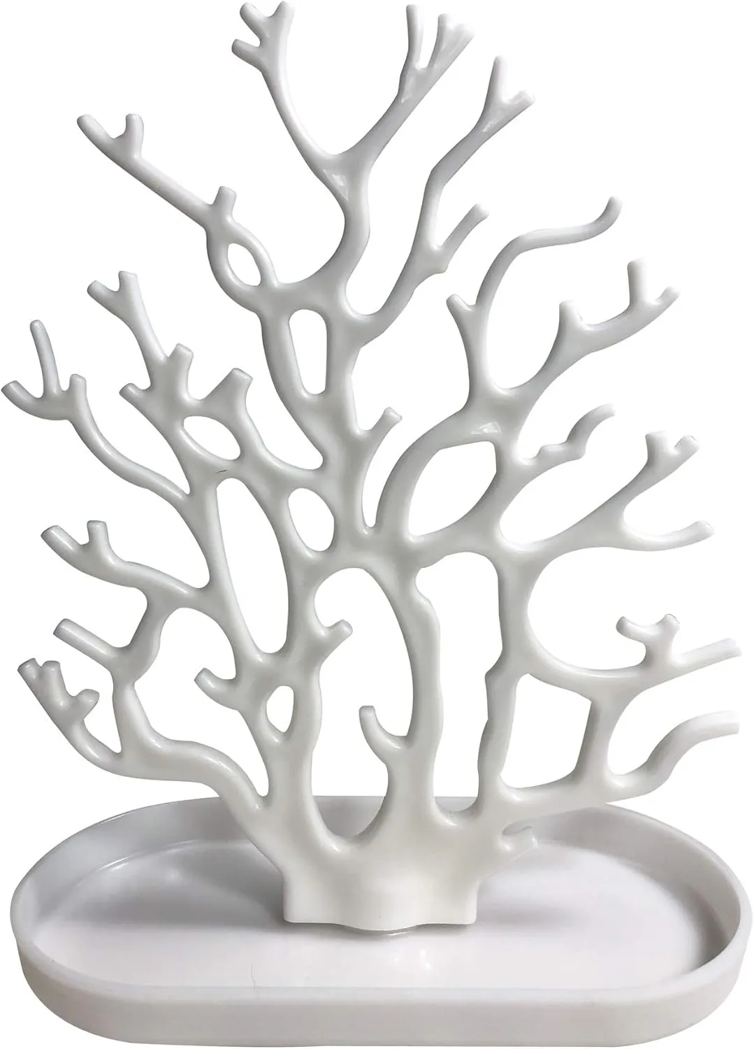 NewFerU Coral Tree Jewelry Hanging Stand Display Table Top Necklace Bracelet Holder Earring Hanger Organizer Rack Tower with a Ring Watch Dish Tray for Women Girls (White)