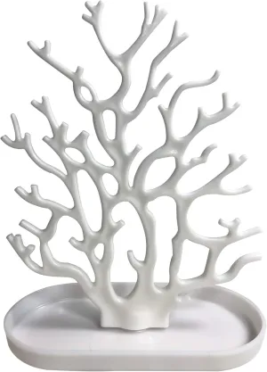 NewFerU Coral Tree Jewelry Hanging Stand Display Table Top Necklace Bracelet Holder Earring Hanger Organizer Rack Tower with a Ring Watch Dish Tray for Women Girls (White)