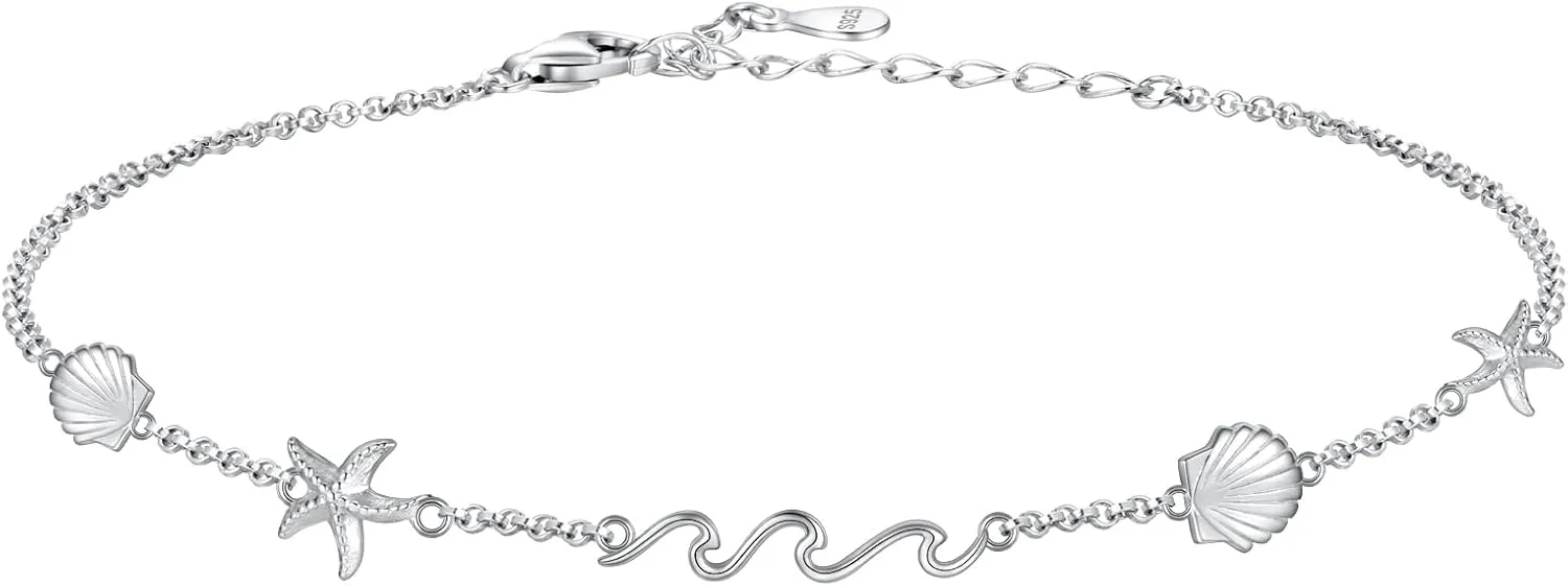 Ocean Wave Beach Shell Anklet 925 Sterling Silver Sea Starfish Seashell Ankle Bracelet Summer Jewelry Gifts for Women