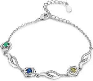 Personalized 1-4 Birthstones Bracelet Anklet with Engraved Names for Women,Sterling Silver Custom Rose Flower Infinity Ankle Bracelet Birthstones Jewelry Gift for Birthday Christmas Day