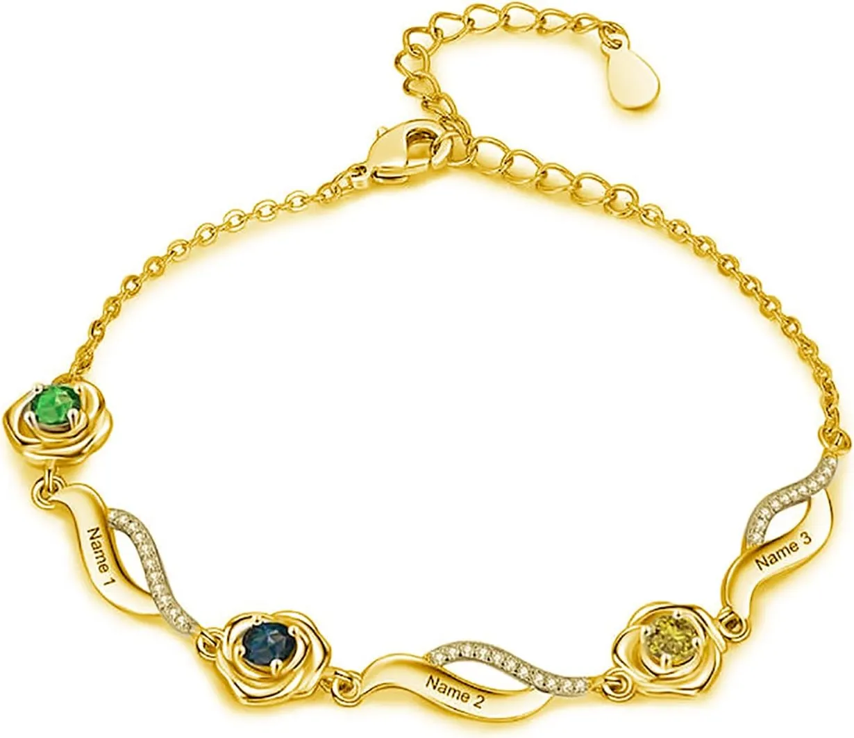 Personalized 1-4 Birthstones Bracelet Anklet with Engraved Names for Women,Sterling Silver Custom Rose Flower Infinity Ankle Bracelet Birthstones Jewelry Gift for Birthday Christmas Day