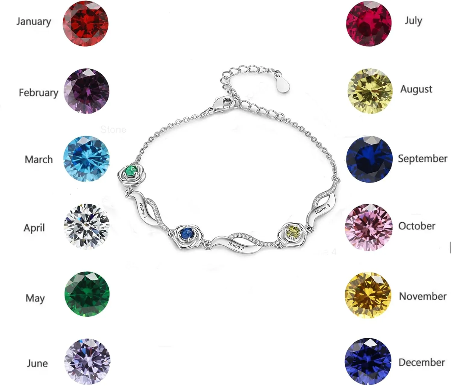 Personalized 1-4 Birthstones Bracelet Anklet with Engraved Names for Women,Sterling Silver Custom Rose Flower Infinity Ankle Bracelet Birthstones Jewelry Gift for Birthday Christmas Day