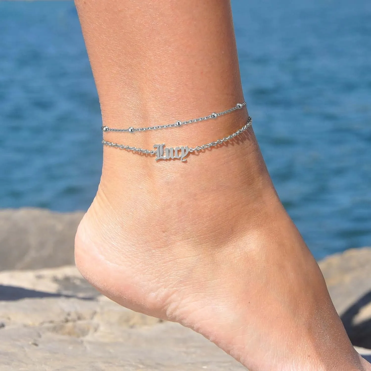 Personalized Ankle Bracelet for Women Sterling Silver Womens Anklet Layered Name Anklets Personalized Custom Bracelets Summer Beach Jewelry Dainty Gifts for Her