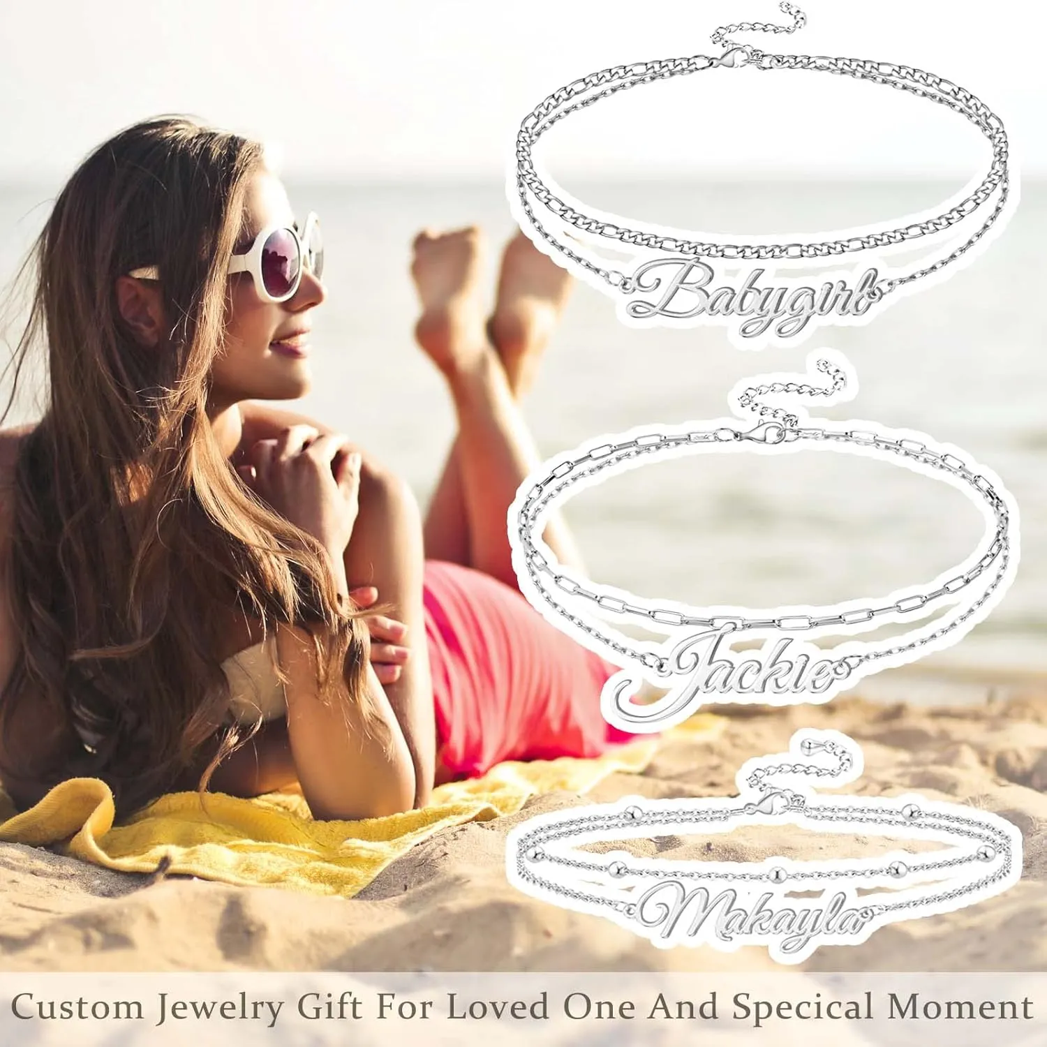 Personalized Ankle Bracelet for Women Sterling Silver Womens Anklet Layered Name Anklets Personalized Custom Bracelets Summer Beach Jewelry Dainty Gifts for Her