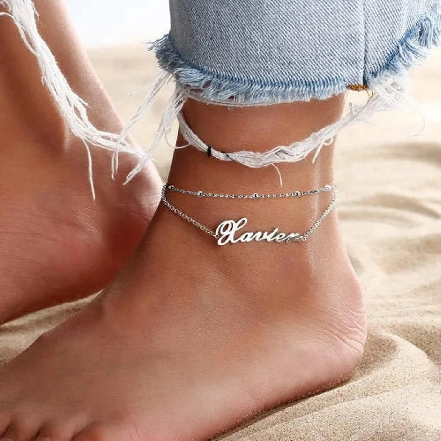 Personalized Ankle Bracelet for Women Sterling Silver Womens Anklet Layered Name Anklets Personalized Custom Bracelets Summer Beach Jewelry Dainty Gifts for Her