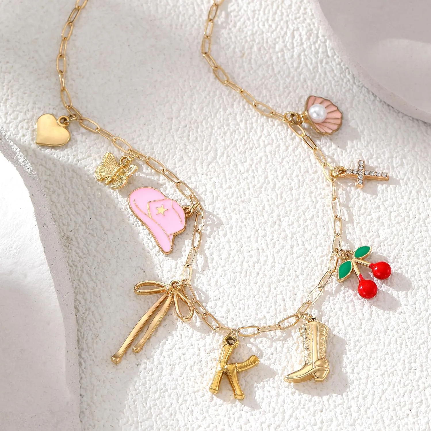 Personalized Initial Charm Necklace for Women, Paperclip Chain Costal Cowgirl Cherry Seashell Bow Tie Charms Neclace