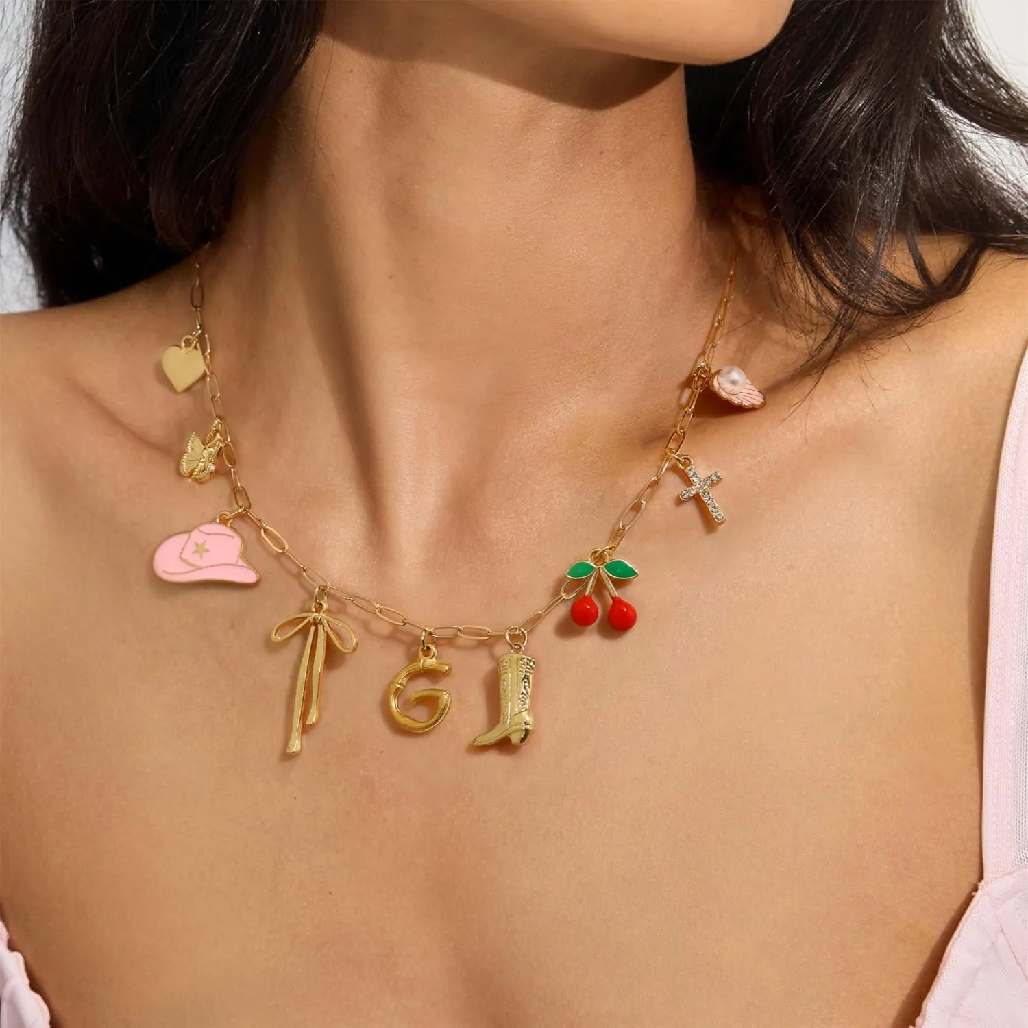 Personalized Initial Charm Necklace for Women, Paperclip Chain Costal Cowgirl Cherry Seashell Bow Tie Charms Neclace