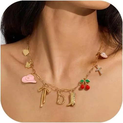 Personalized Initial Charm Necklace for Women, Paperclip Chain Costal Cowgirl Cherry Seashell Bow Tie Charms Neclace