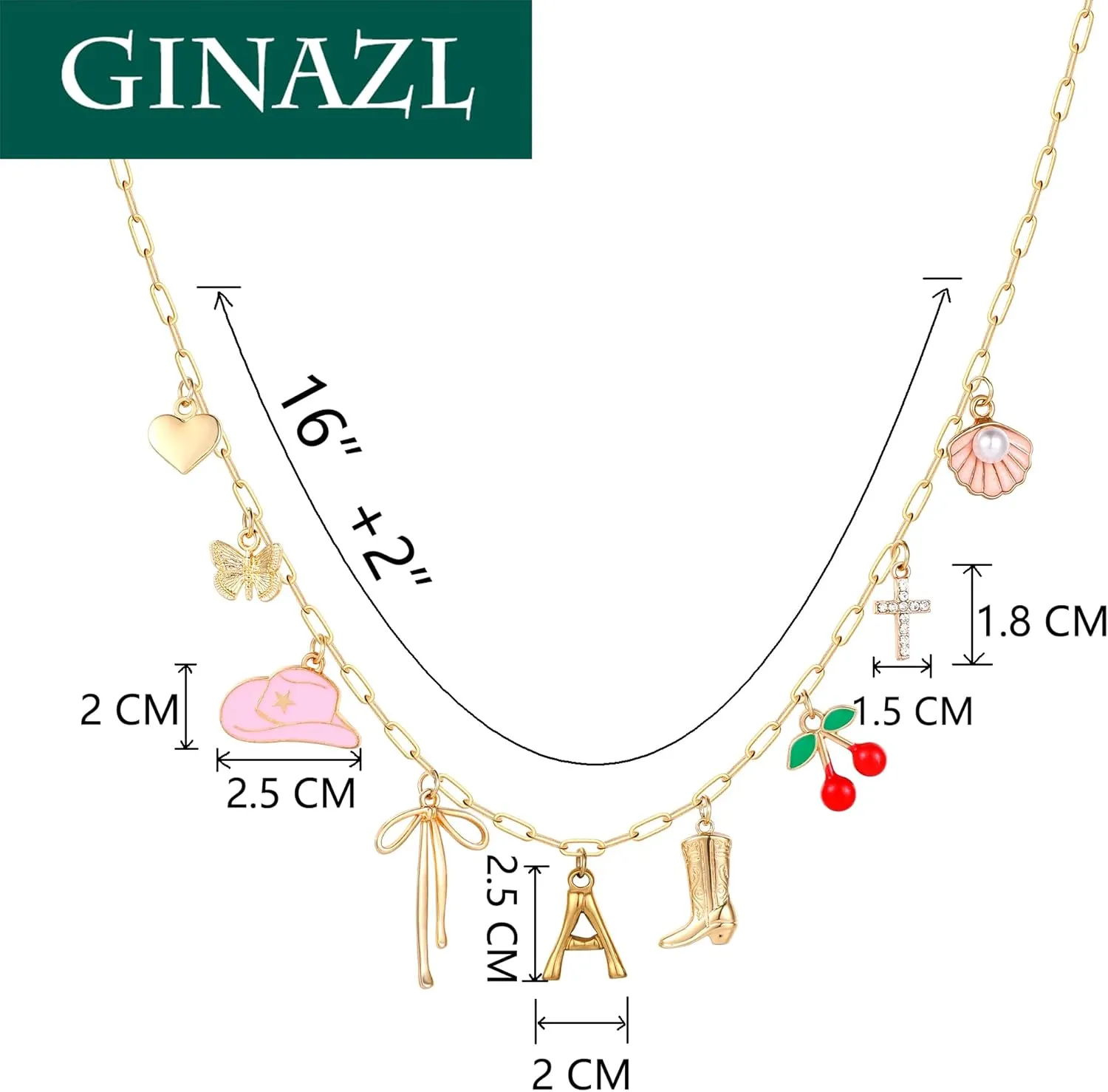 Personalized Initial Charm Necklace for Women, Paperclip Chain Costal Cowgirl Cherry Seashell Bow Tie Charms Neclace