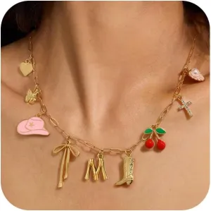 Personalized Initial Charm Necklace for Women, Paperclip Chain Costal Cowgirl Cherry Seashell Bow Tie Charms Neclace