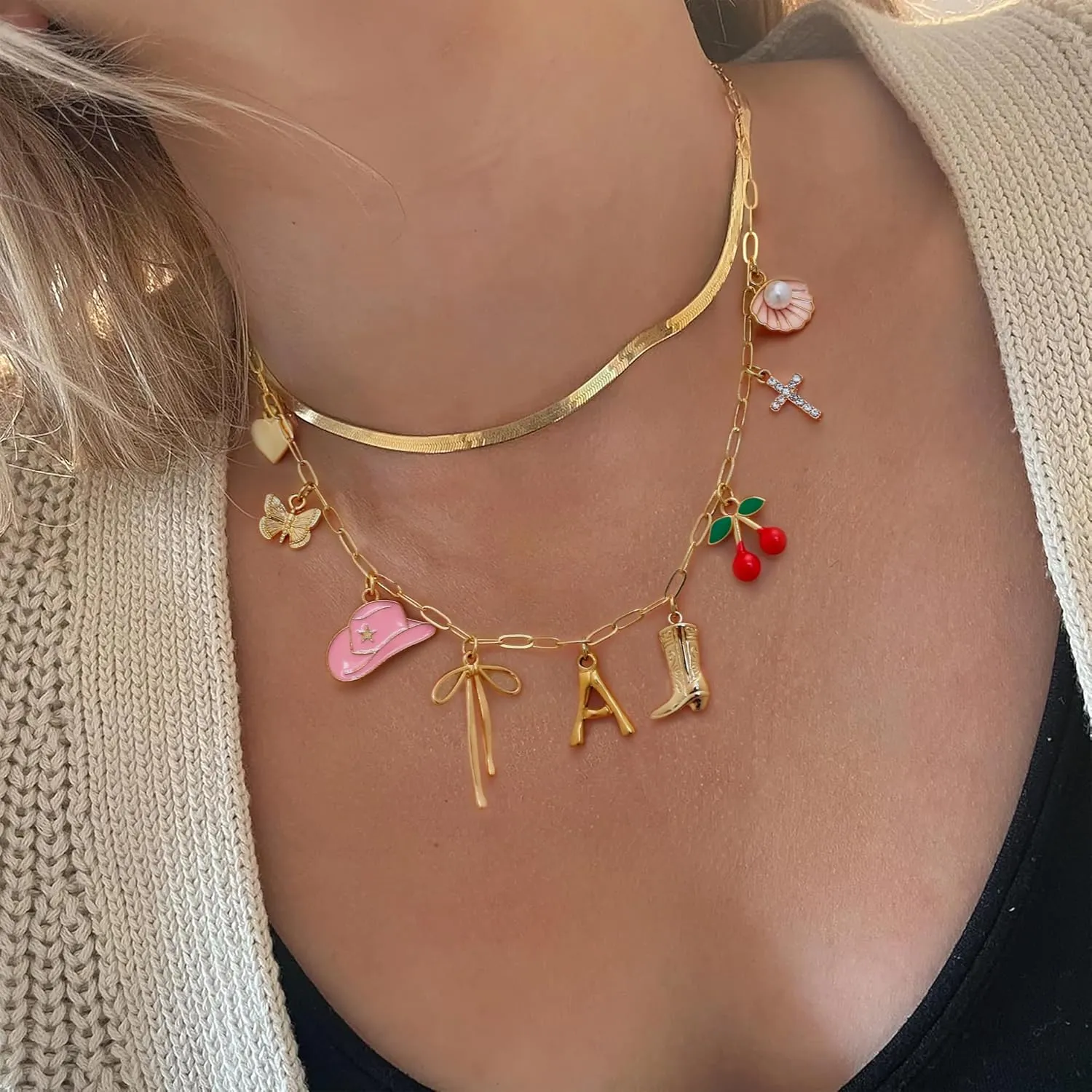 Personalized Initial Charm Necklace for Women, Paperclip Chain Costal Cowgirl Cherry Seashell Bow Tie Charms Neclace