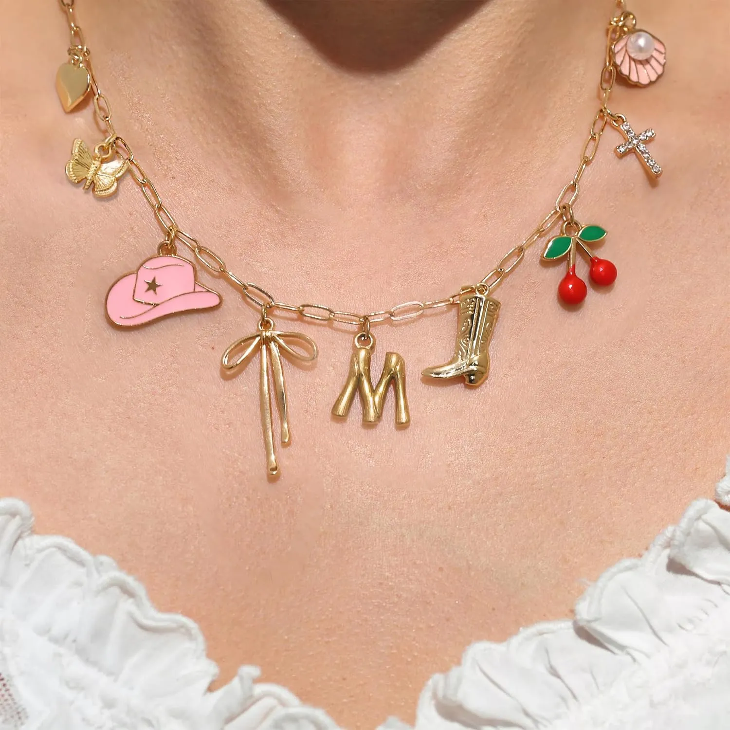 Personalized Initial Charm Necklace for Women, Paperclip Chain Costal Cowgirl Cherry Seashell Bow Tie Charms Neclace