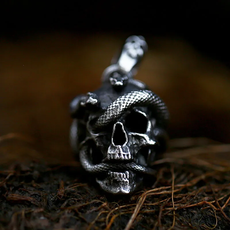 Punk Skull & Coiled Snake Titanium Steel Pendant - Bold Vintage Men's Jewelry