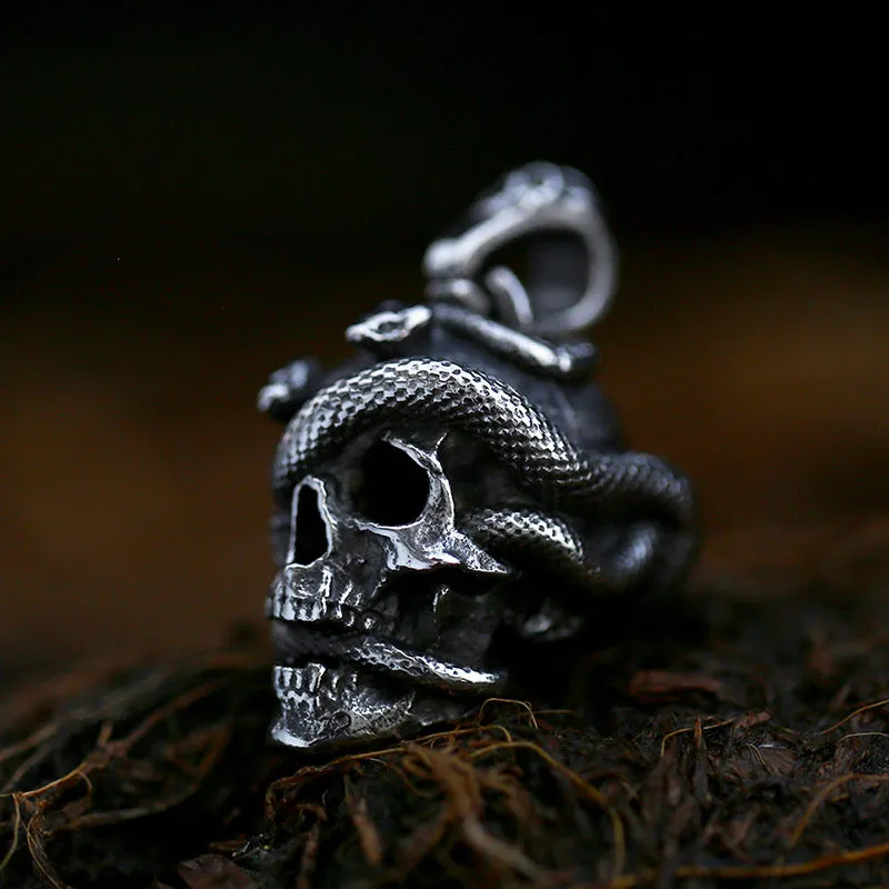 Punk Skull & Coiled Snake Titanium Steel Pendant - Bold Vintage Men's Jewelry
