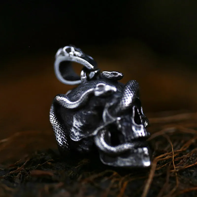 Punk Skull & Coiled Snake Titanium Steel Pendant - Bold Vintage Men's Jewelry