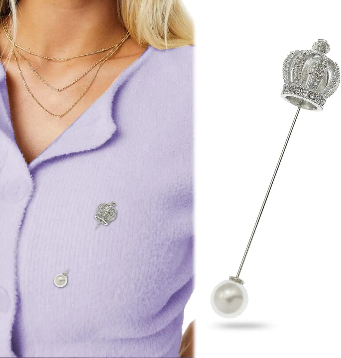 RechicGu Royal Queen Crown Tiara Brooch Pins Cross Faux Pearl Lapel Stick Pin Tie Hat Scarf Badge