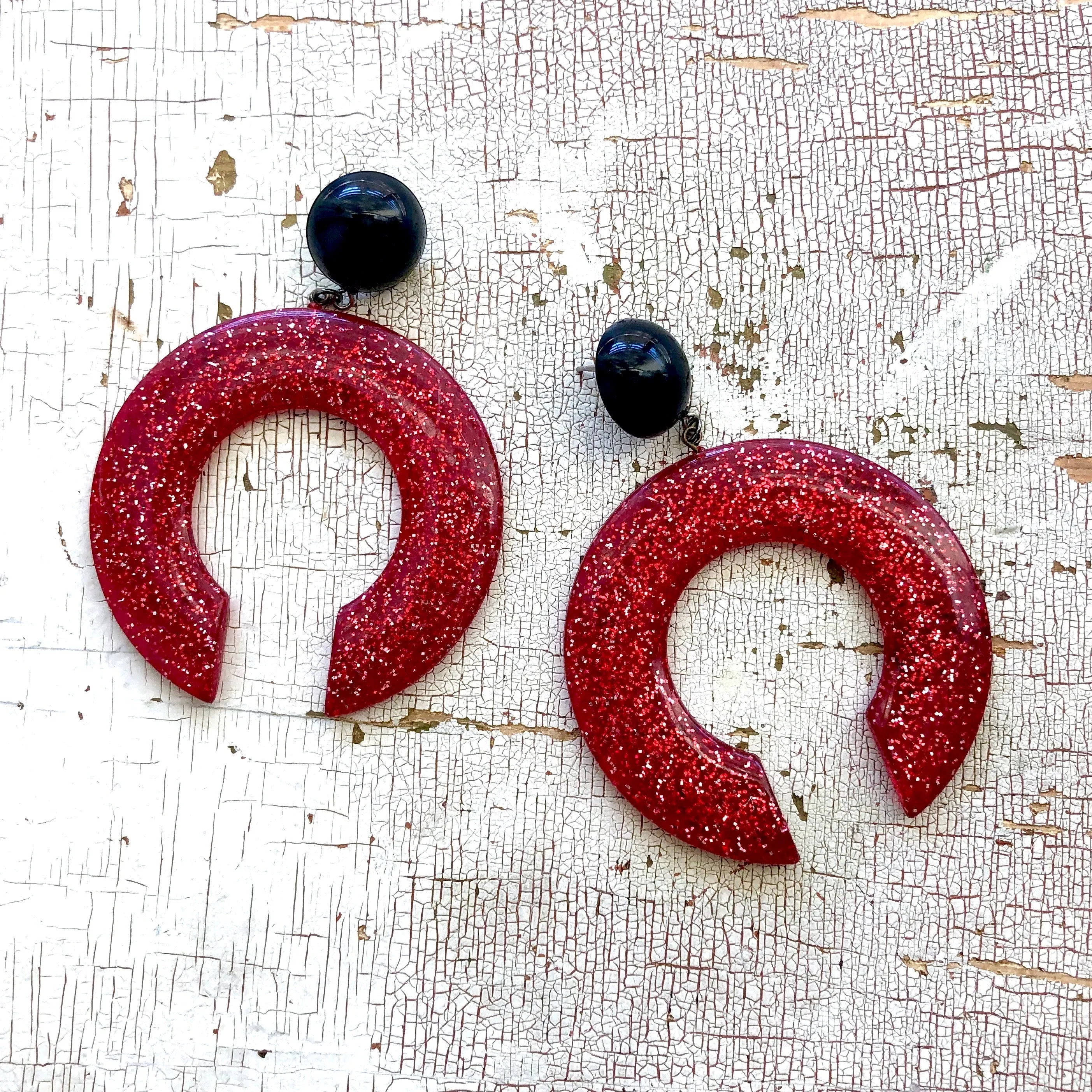 Red Glitter & Black Extra Large Crescent Drop Earrings *