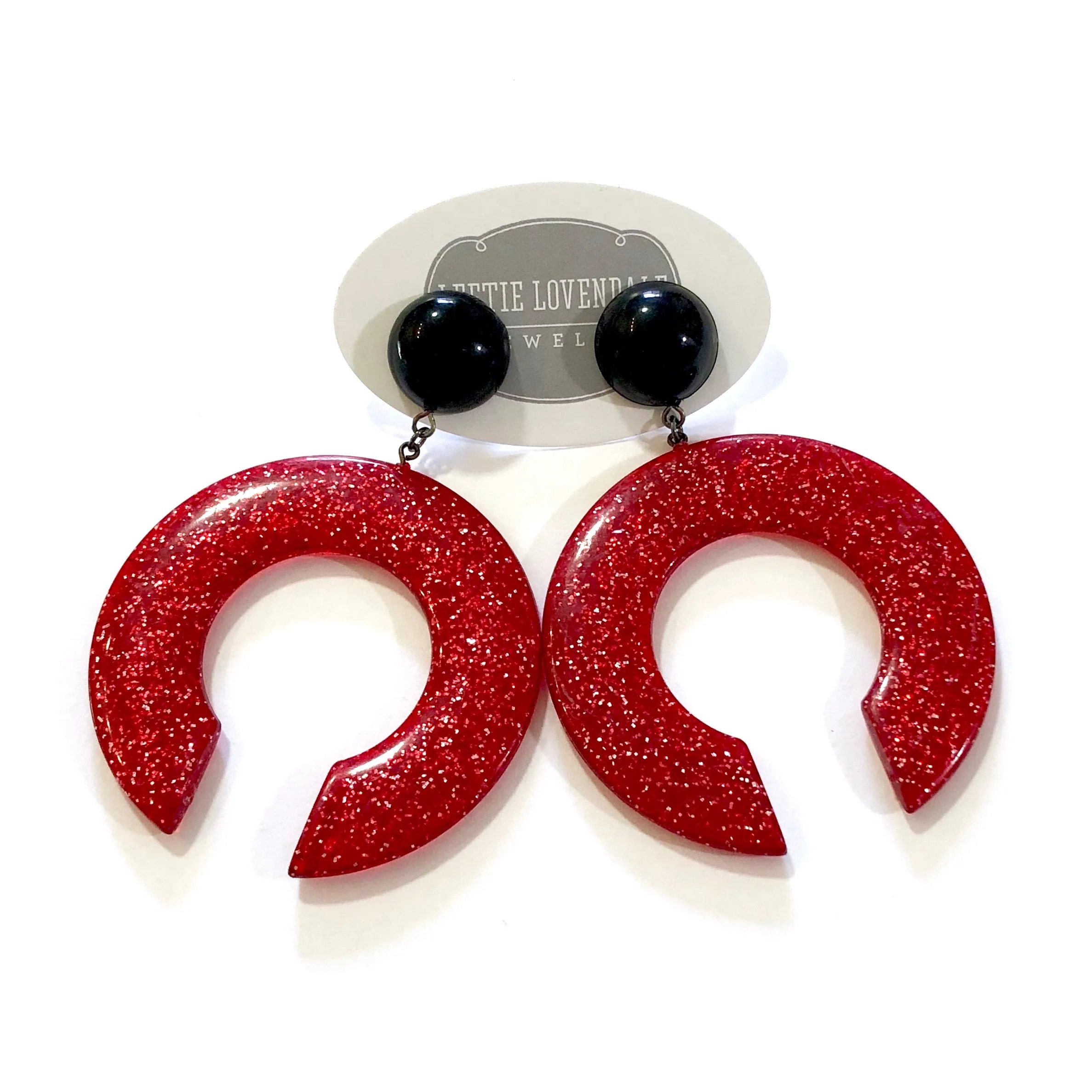 Red Glitter & Black Extra Large Crescent Drop Earrings *