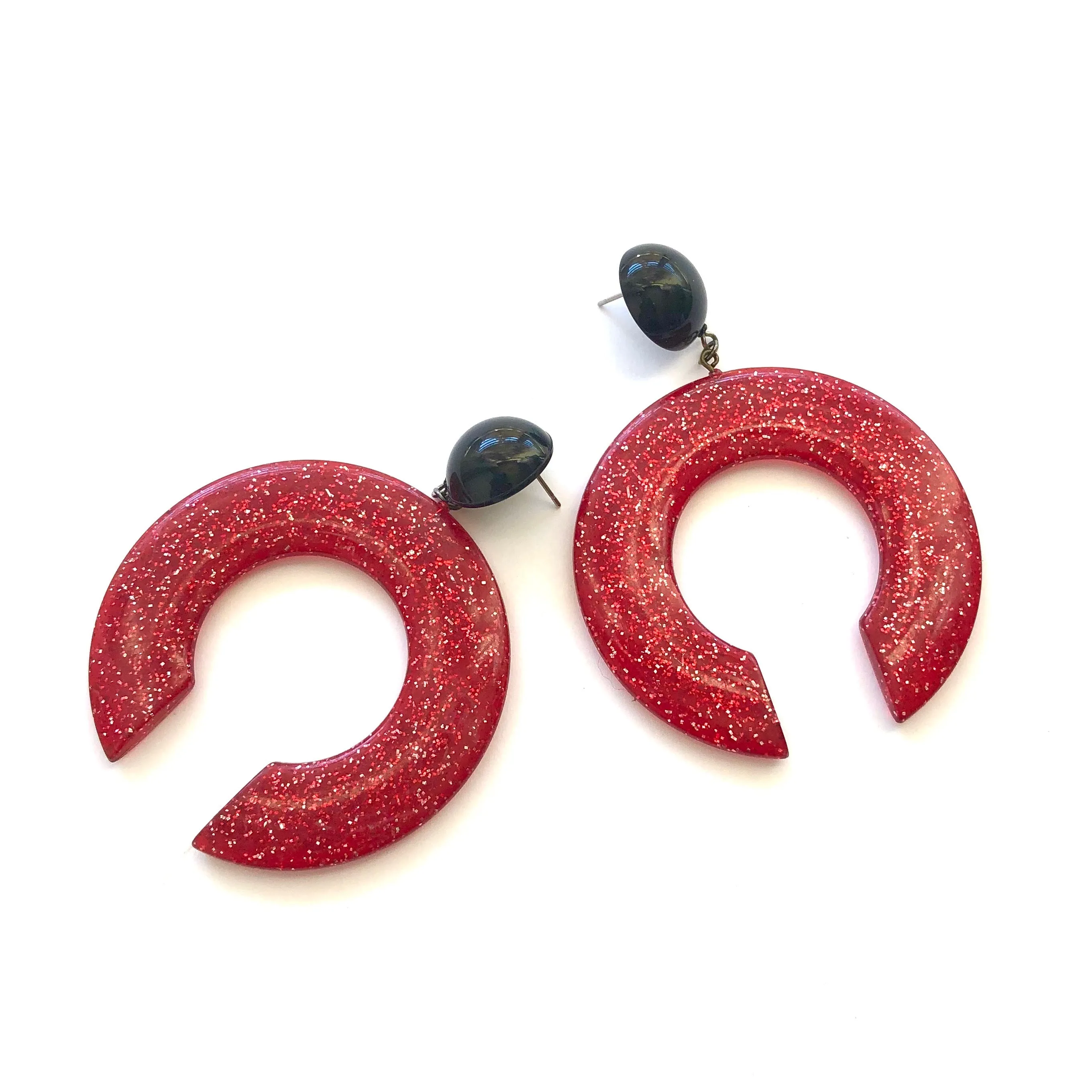 Red Glitter & Black Extra Large Crescent Drop Earrings *