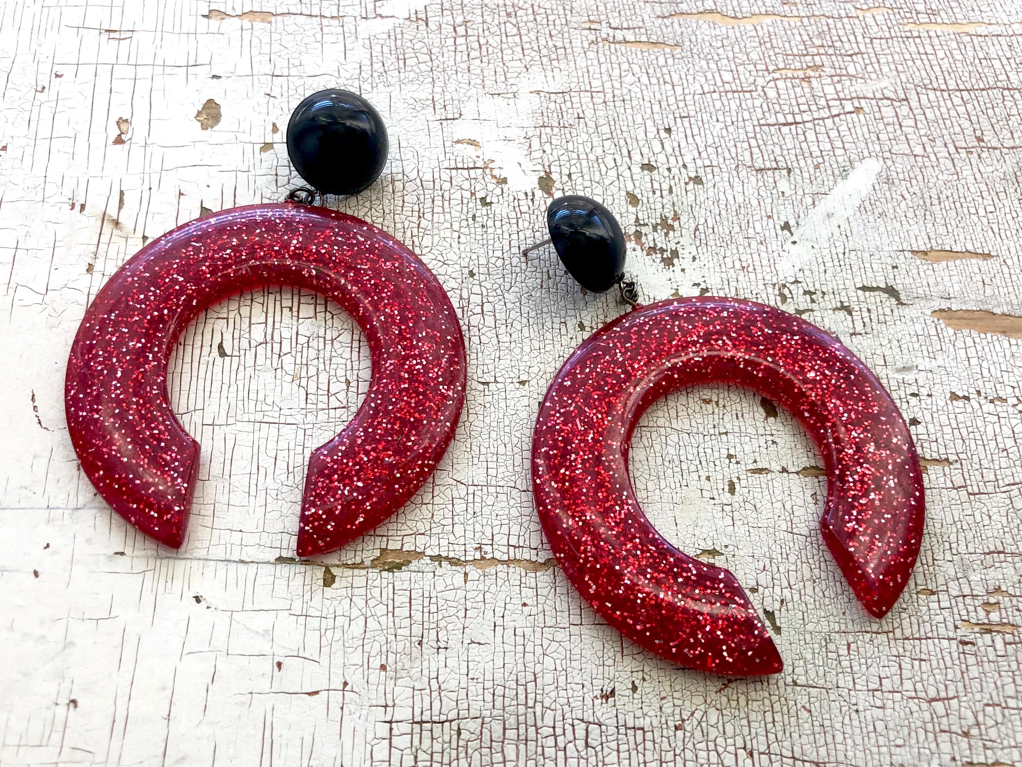 Red Glitter & Black Extra Large Crescent Drop Earrings *